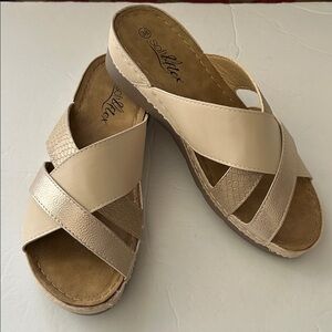 Women's Beige flat form wedge cross strap comfortable slip on sandals size 38